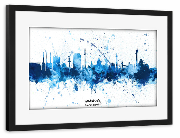 Poster mit Rahmen schwarz "Hannover Skyline SplashBlue" artboxONE - Städte