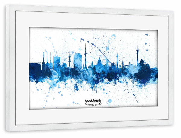Poster mit Rahmen weiß "Hannover Skyline SplashBlue" artboxONE - Städte