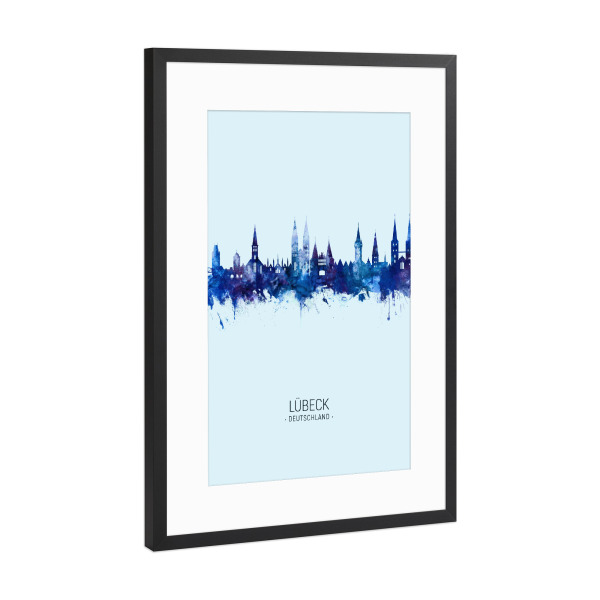 Poster mit Rahmen Schwarz (Metallic) "Lübeck Germany Skyline Dark Blue" artboxONE - Städte