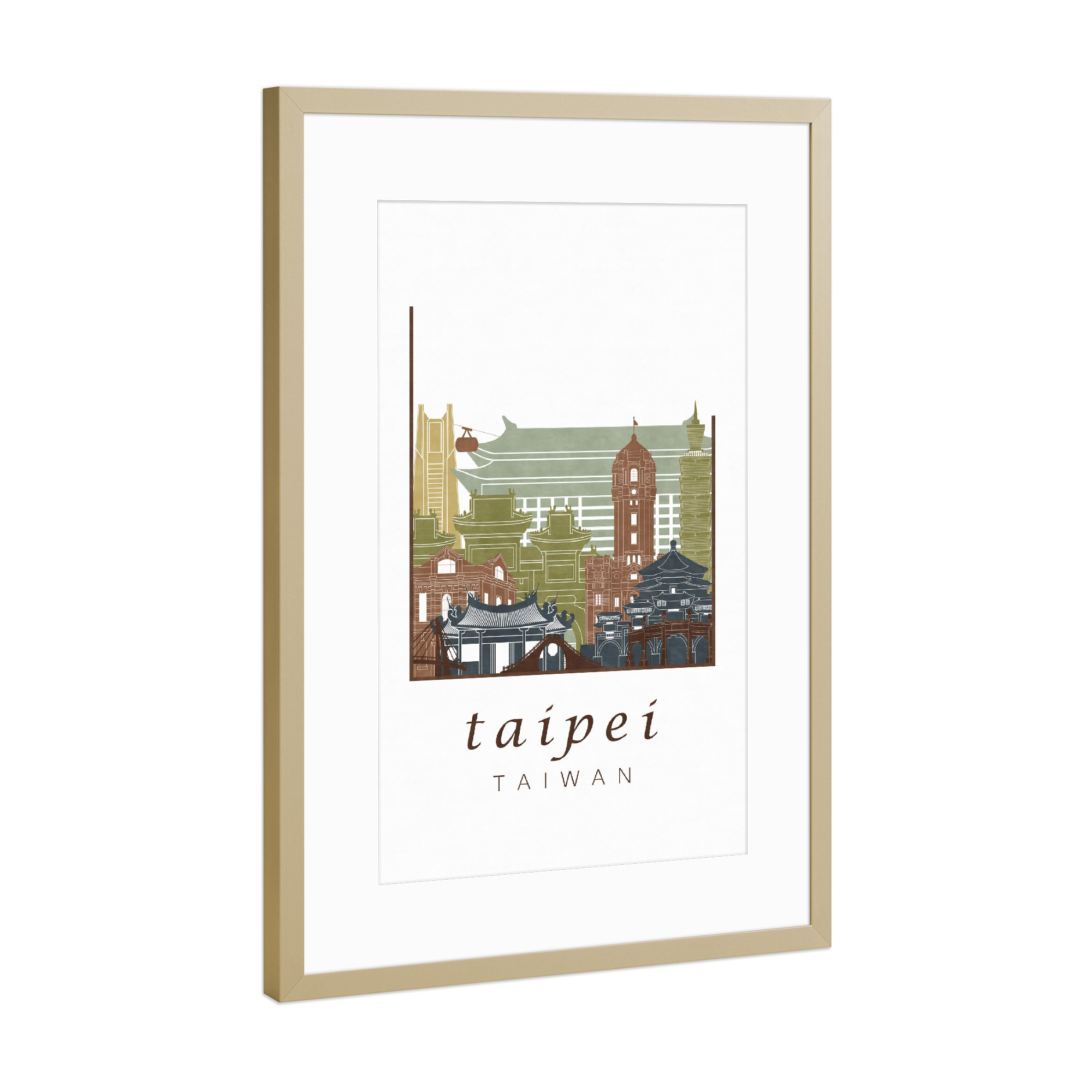 Poster mit Rahmen Gold "Taipei skyline light brown" artboxONE - Städte,Architektur