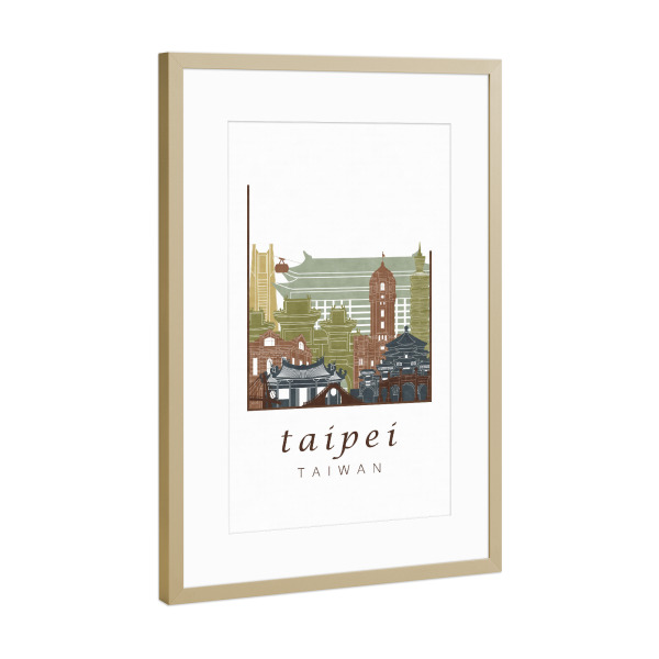 Poster mit Rahmen Gold "Taipei skyline light brown" artboxONE - Städte,Architektur