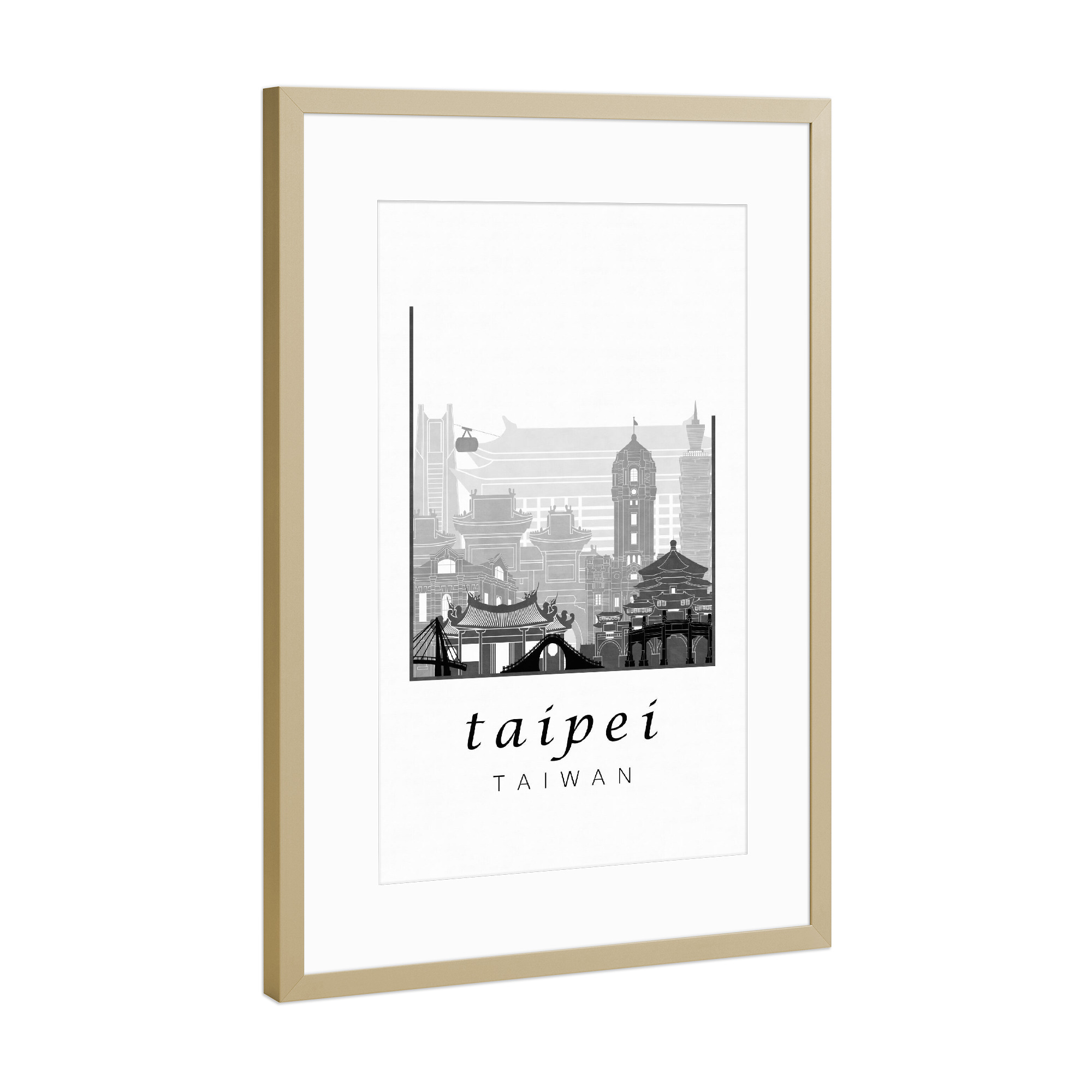 Poster mit Rahmen Gold "Taipei skyline black & white" artboxONE - Städte,Schwarzweiß,Architektur