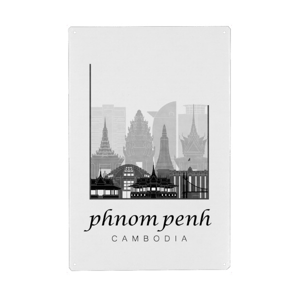 Holzbild "Phnom Penh skyline black white" artboxONE - Städte,Schwarzweiß,Architektur