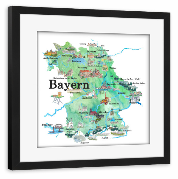 Poster mit Rahmen schwarz "Bayern Illustrierte Karte" artboxONE - Städte,Städte / München,Architektur,Kartografie