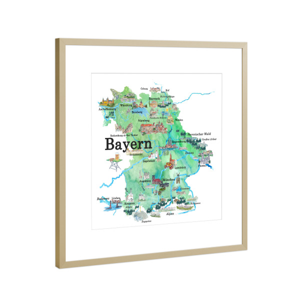 Poster mit Rahmen Gold "Bayern Illustrierte Karte" artboxONE - Städte,Städte / München,Architektur,Kartografie