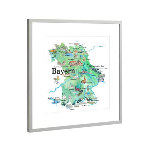 Poster mit Rahmen Silber "Bayern Illustrierte Karte" artboxONE - Städte,Städte / München,Architektur,Kartografie