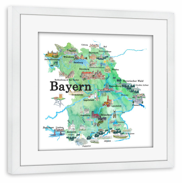 Poster mit Rahmen weiß "Bayern Illustrierte Karte" artboxONE - Städte,Städte / München,Architektur,Kartografie