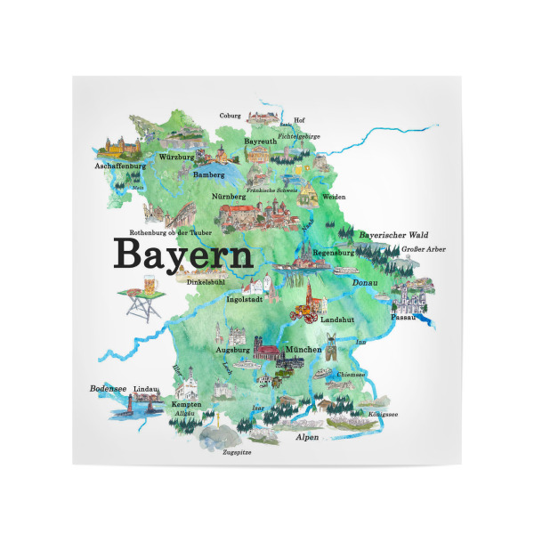 Poster 20x20 cm "Bayern Illustrierte Karte" artboxONE - Städte,Städte / München,Architektur,Kartografie