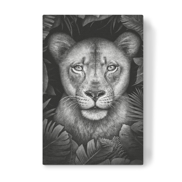 Leinwandbild "Lioness in tropical leaves" artboxONE - Natur,Floral,Tiere,Schwarzweiß