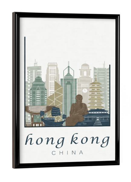 Poster mit schwarzem Rahmen "Hong Kong skyline light blue" artboxONE - Städte,Architektur