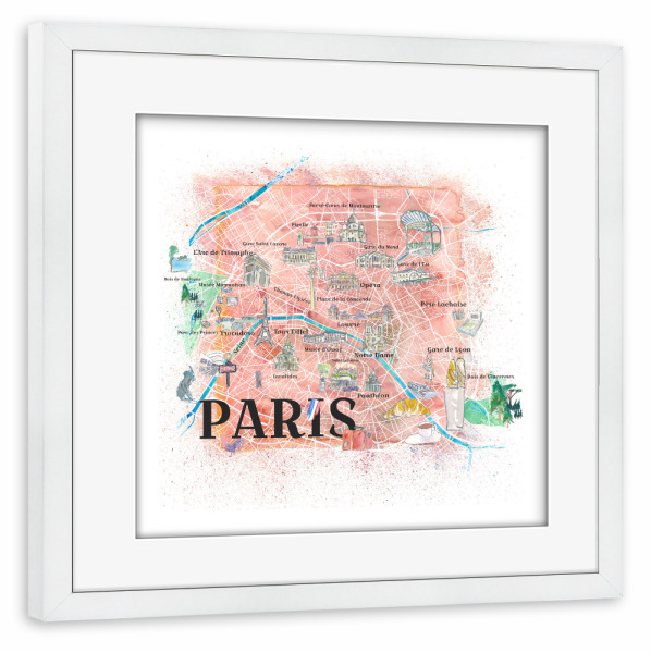 Poster mit Rahmen weiß "Paris Illustrierte Karte" artboxONE - Städte,Architektur,Städte / Paris,Kartografie