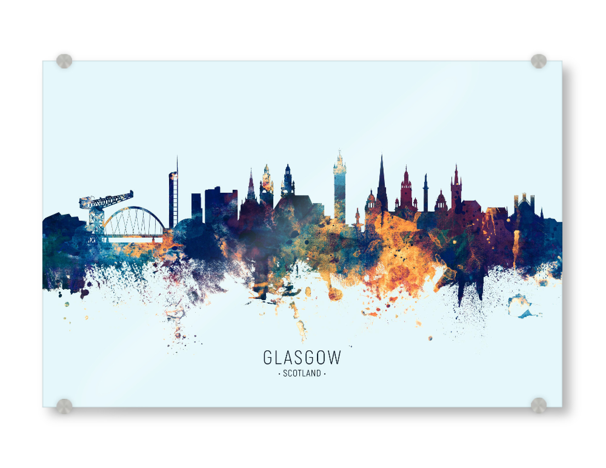 Acrylglasbild "Glasgow Skyline BlueOrange" artboxONE - Städte - Glasgow,Scotland,Skyline,Cityscape,Stadtbild,Watercolor,Pride,City,Schottland