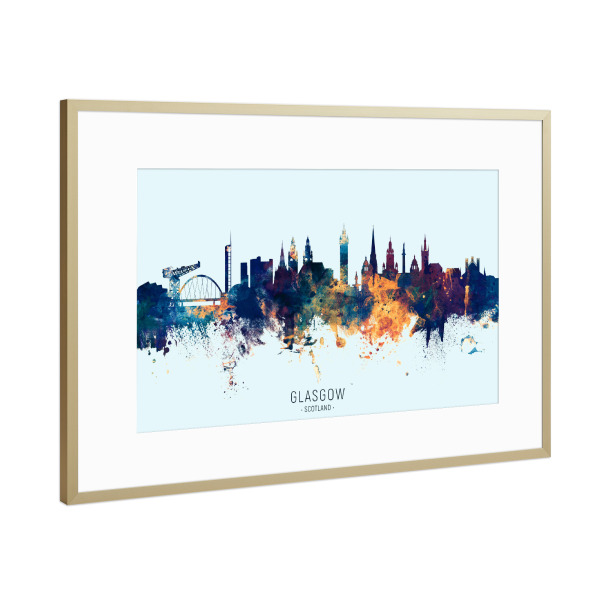 Poster mit Rahmen Gold "Glasgow Skyline BlueOrange" artboxONE - Städte - Glasgow,Scotland,Skyline,Cityscape,Stadtbild,Watercolor,Pride,City,Schottland
