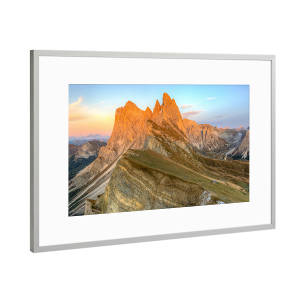 Poster mit Rahmen Silber "Seceda Alpenglühen" artboxONE - Natur,Reise,Reise / Länder