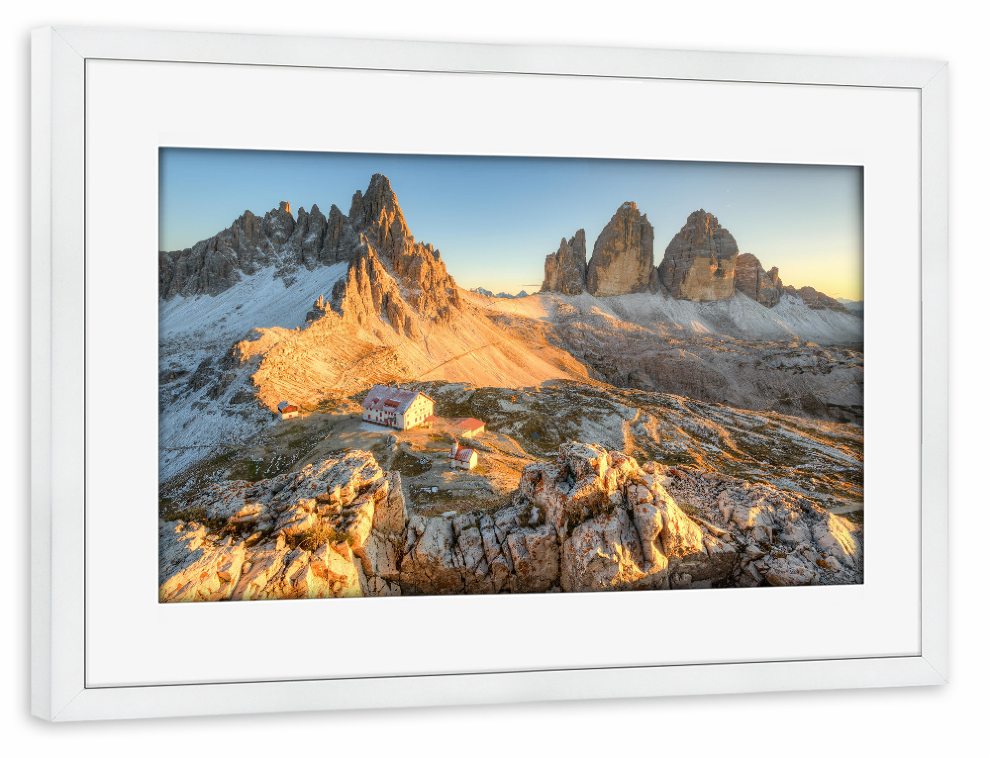 Poster mit Rahmen weiß "Drei Zinnen Südtirol" artboxONE - Natur,Reise,Reise / Länder