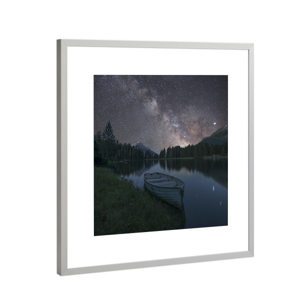 Poster mit Rahmen Silber "Bergsee mit Boot" artboxONE - Natur,Galaxy