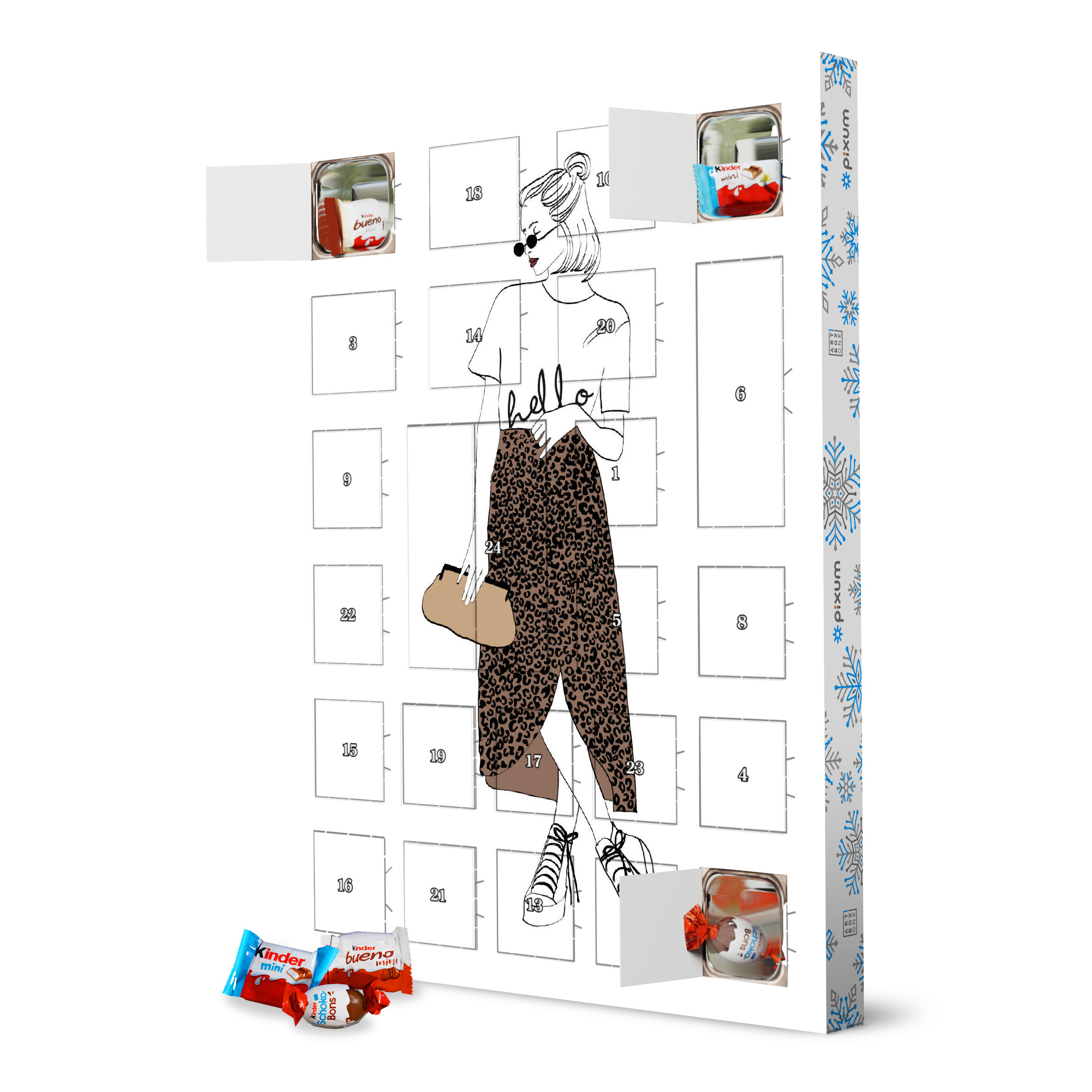 Adventskalender XXL mit Produkten von Kinder Hello leo lady artboxONE Adventskalender Typografie