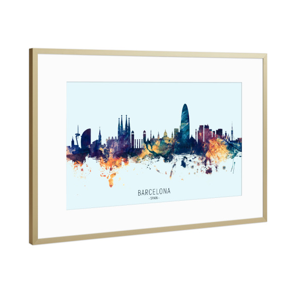 Poster mit Rahmen Gold "Barcelona Spain Skyline BlueOrange" artboxONE - Städte,Städte / Barcelona