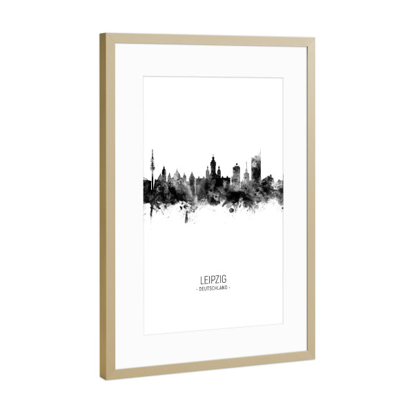Poster mit Rahmen Gold "Leipzig Germany Skyline BW" artboxONE - Städte,Schwarzweiß