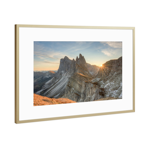 Poster mit Rahmen Gold "Seceda Sonnenaufgang" artboxONE - Natur,Reise,Reise / Länder