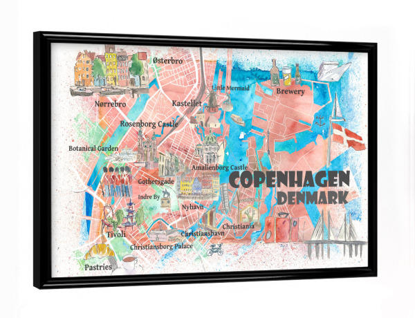 Poster mit schwarzem Rahmen "Kopenhagen Dänemark Karte" artboxONE - Städte,Architektur,Städte / København,Kartografie
