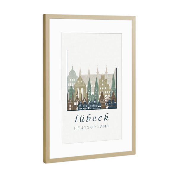 Poster mit Rahmen Gold "Lubeck skyline light blue" artboxONE - Städte,Architektur