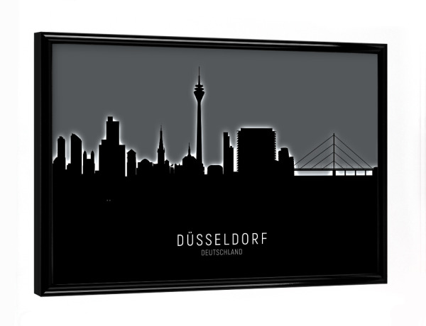 Poster mit schwarzem Rahmen "Düsseldorf Skyline Glow White" artboxONE - Städte,Schwarzweiß,Städte / Düsseldorf