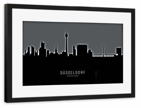 Poster mit Rahmen schwarz "Düsseldorf Skyline Glow White" artboxONE - Städte,Schwarzweiß,Städte / Düsseldorf