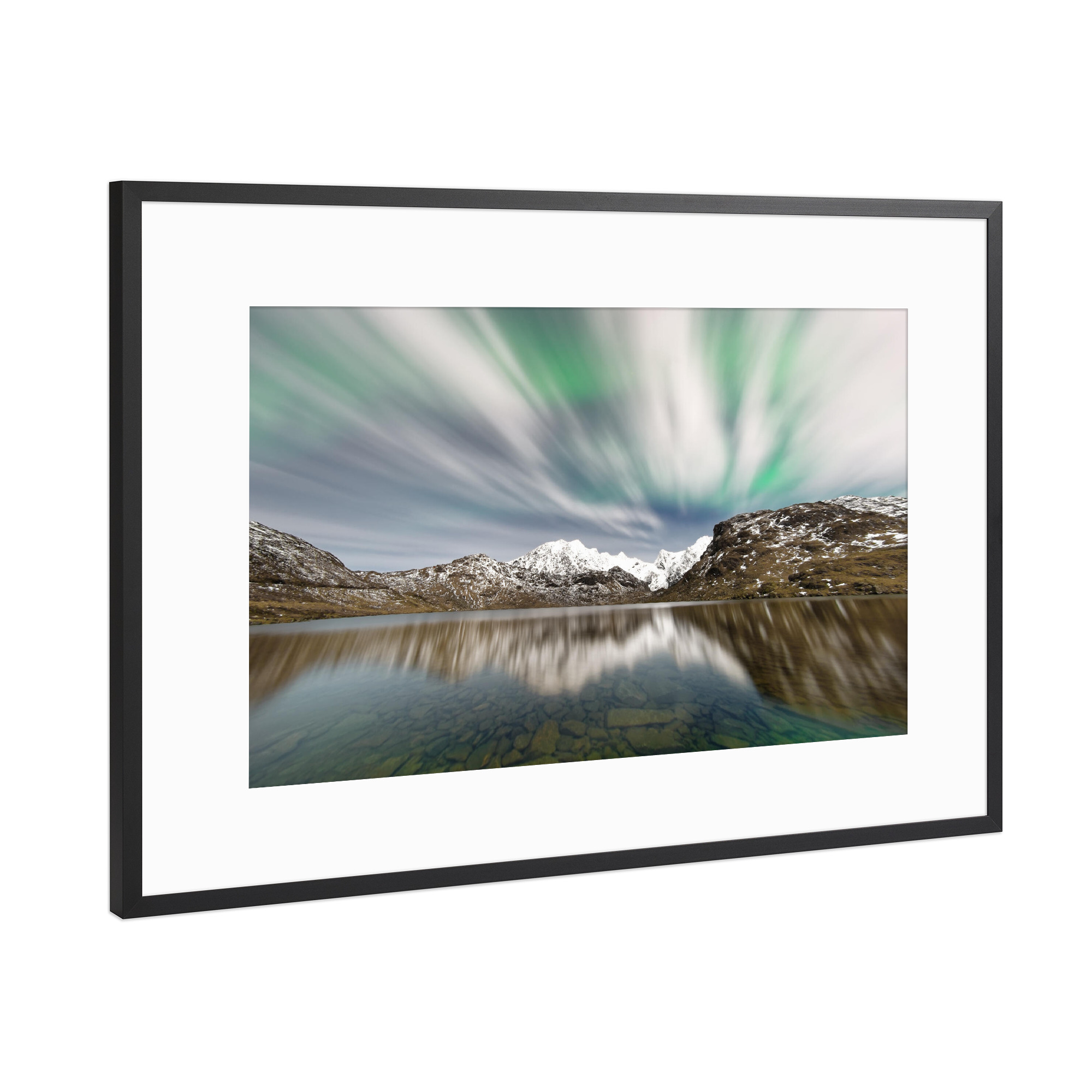 Poster mit Rahmen Schwarz (Metallic) "Polarlicht über einer Bergkette" artboxONE - Natur,Reise,Reise / Länder