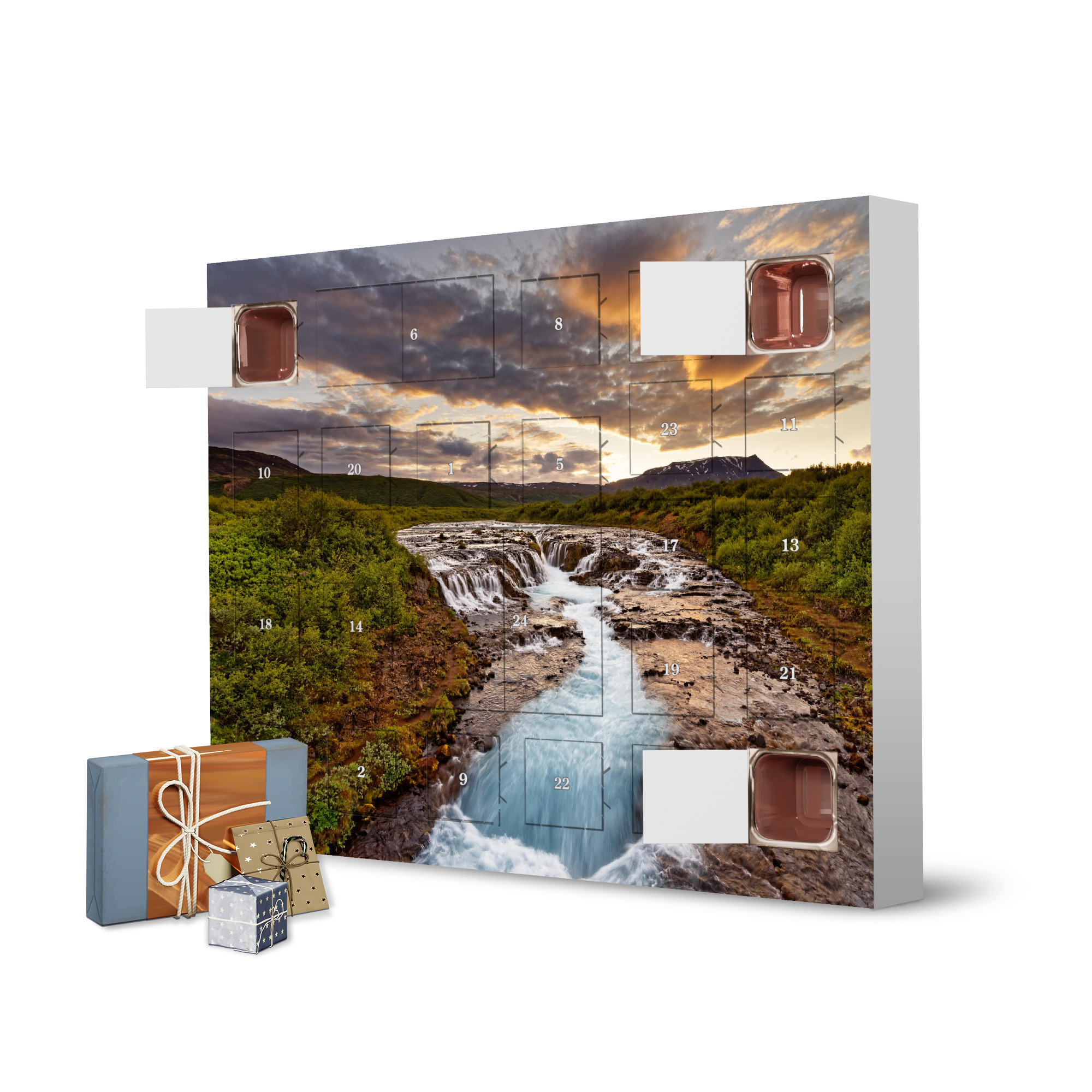 Adventskalender zum Selbstbefüllen Wasserfall nach Sonnenuntergang artboxONE Adventskalender Natur