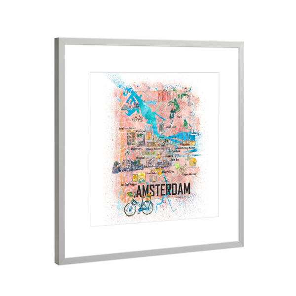 Poster mit Rahmen Silber "Amsterdam Holland Karte" artboxONE - Städte,Architektur,Städte / Amsterdam,Kartografie