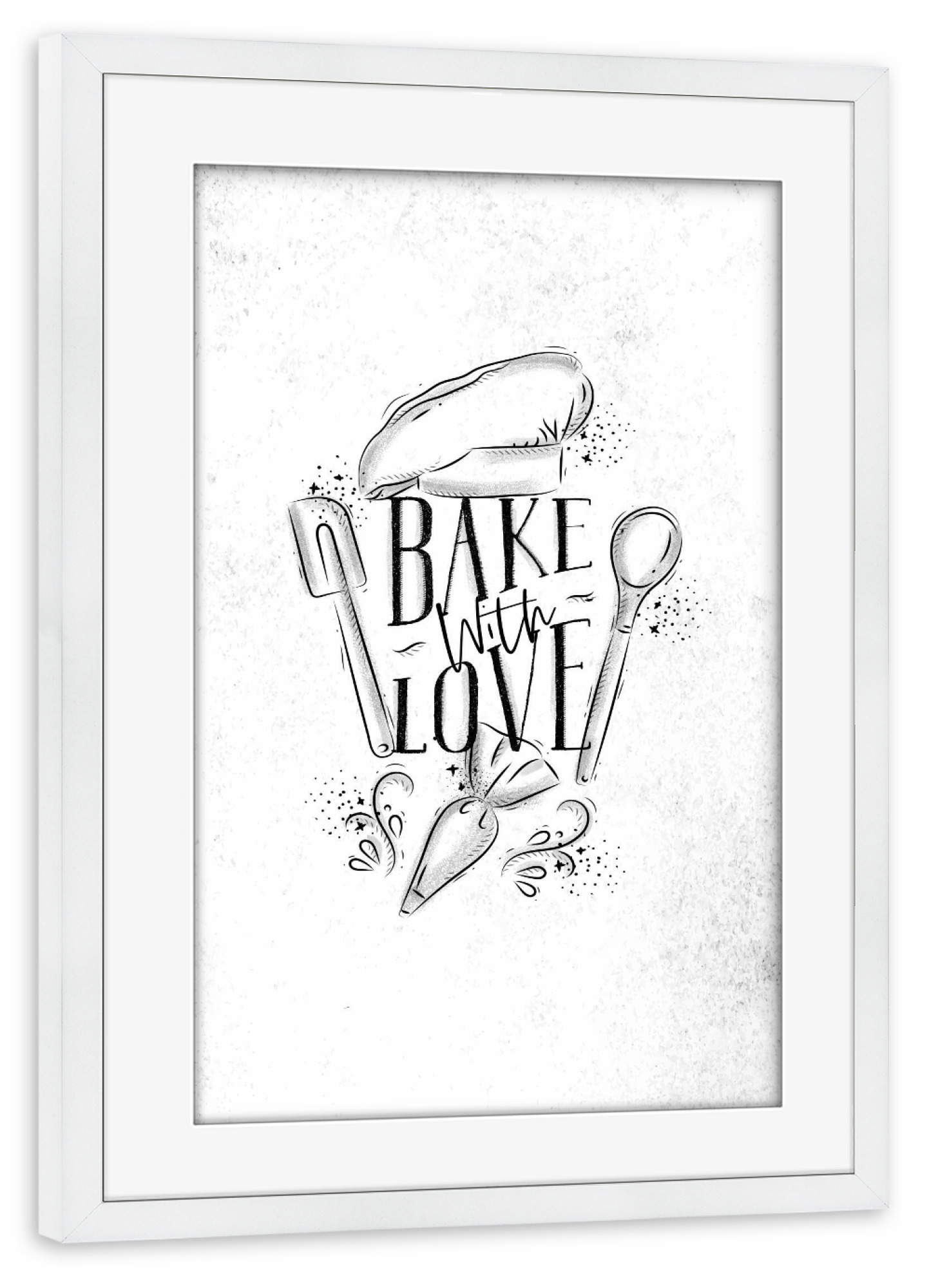 Poster mit Rahmen weiß "Bake with love kitchen pastry" artboxONE - Typografie,Essen & Trinken,Schwarzweiß