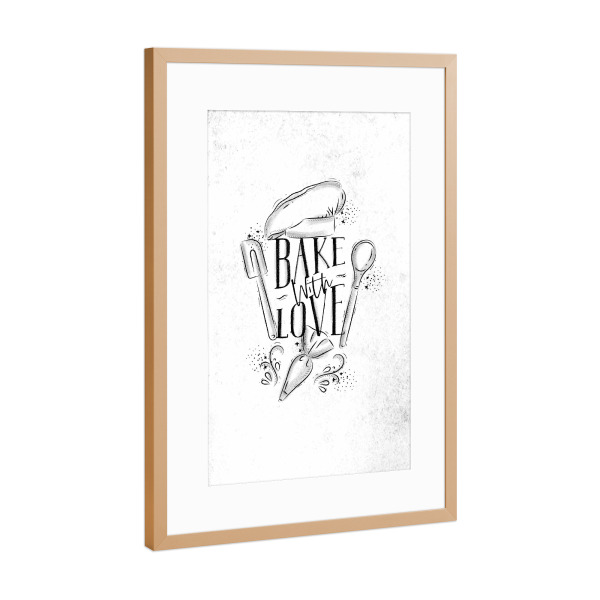 Poster mit Rahmen Kupfer "Bake with love kitchen pastry" artboxONE - Typografie,Essen & Trinken,Schwarzweiß