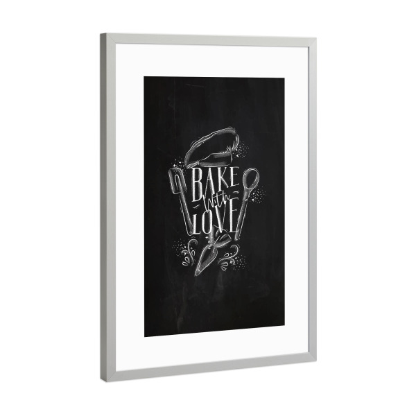 Poster mit Rahmen Silber "Bake with love drawing chalk" artboxONE - Typografie,Essen & Trinken,Schwarzweiß