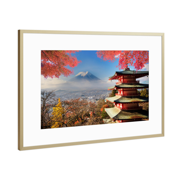 Poster mit Rahmen Gold "Mount Fuji von der Chureito Pagode" artboxONE - Städte,Natur,Reise,Architektur,Reise / Länder