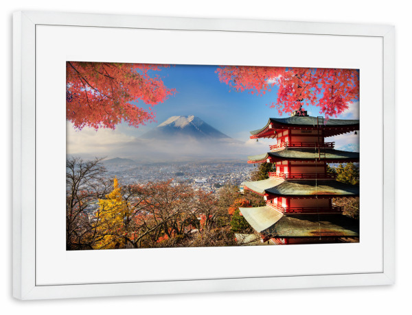 Poster mit Rahmen weiß "Mount Fuji von der Chureito Pagode" artboxONE - Städte,Natur,Reise,Architektur,Reise / Länder