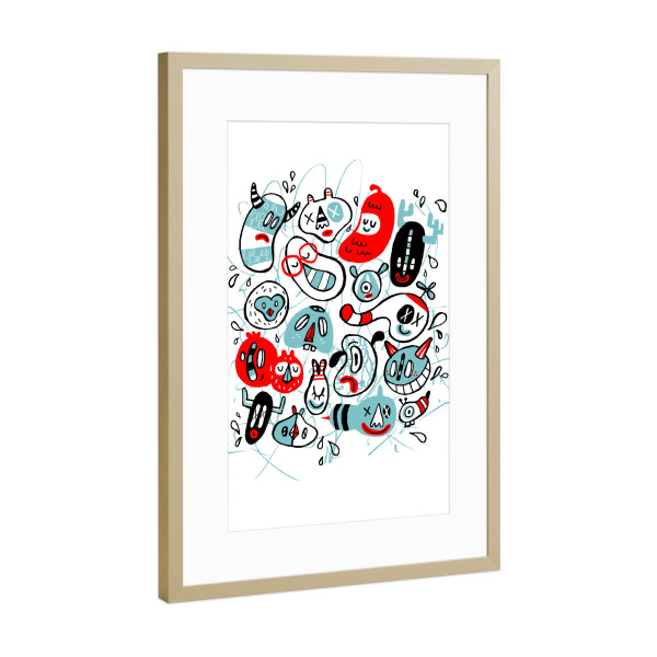 Poster mit Rahmen Gold "Monster Doodle" artboxONE - Für Kinder,Comic,Streetart - Monster,Party,Chaos,Lustig,Teenager,Kinder,Freunde