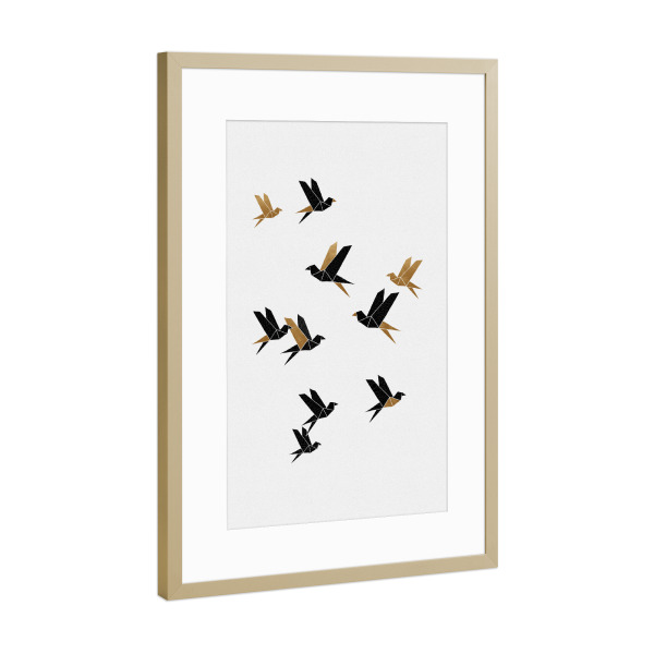 Poster mit Rahmen Gold "Origami Birds Collage" artboxONE - Natur,Tiere,Abstrakt,Geometrie
