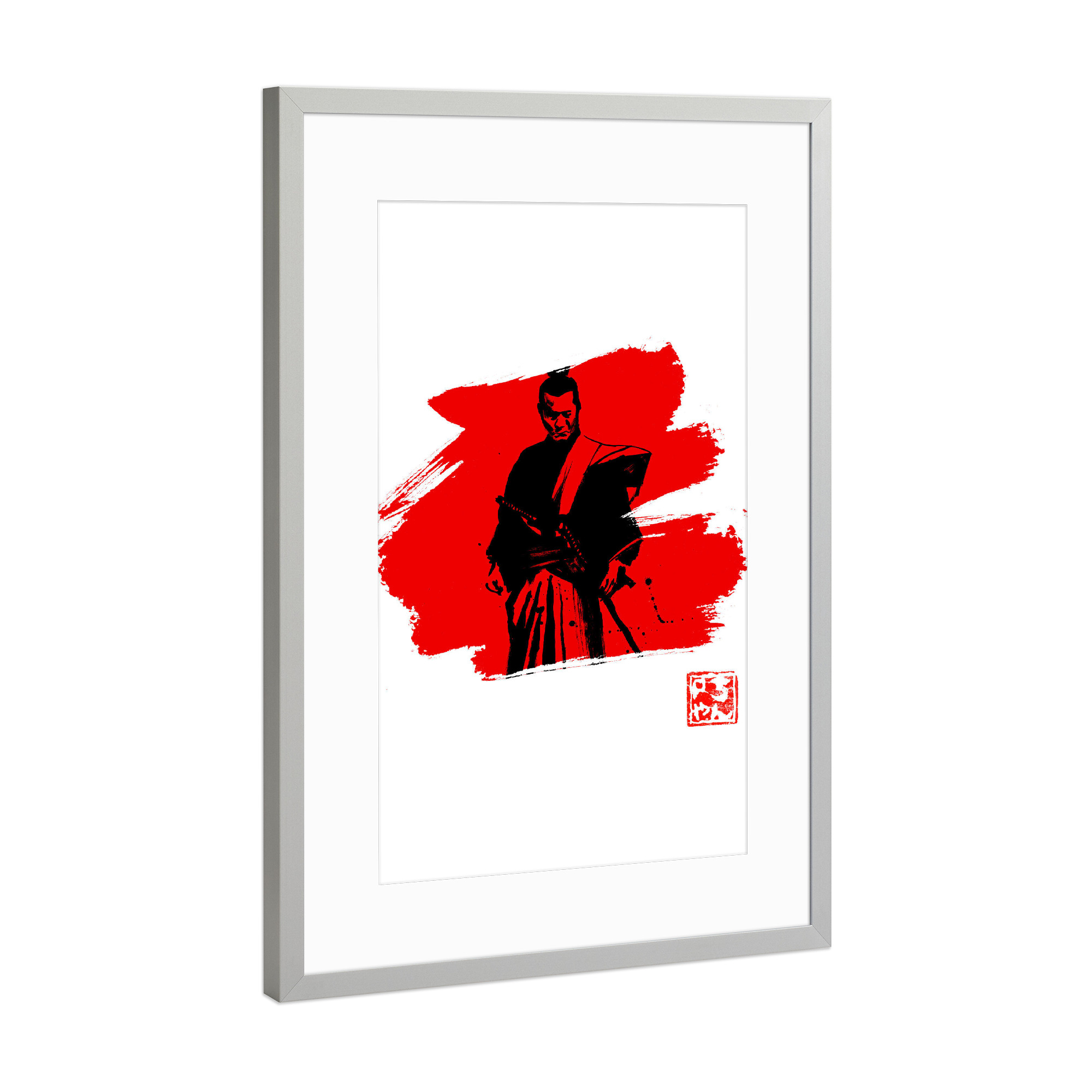 Poster mit Rahmen Silber "Samurai in red" artboxONE - Film,Menschen,Schwarzweiß - Samurai,Japan,Sumie,Zen,Krieger,Warrior,Kampf,Kämpfer,Schwert