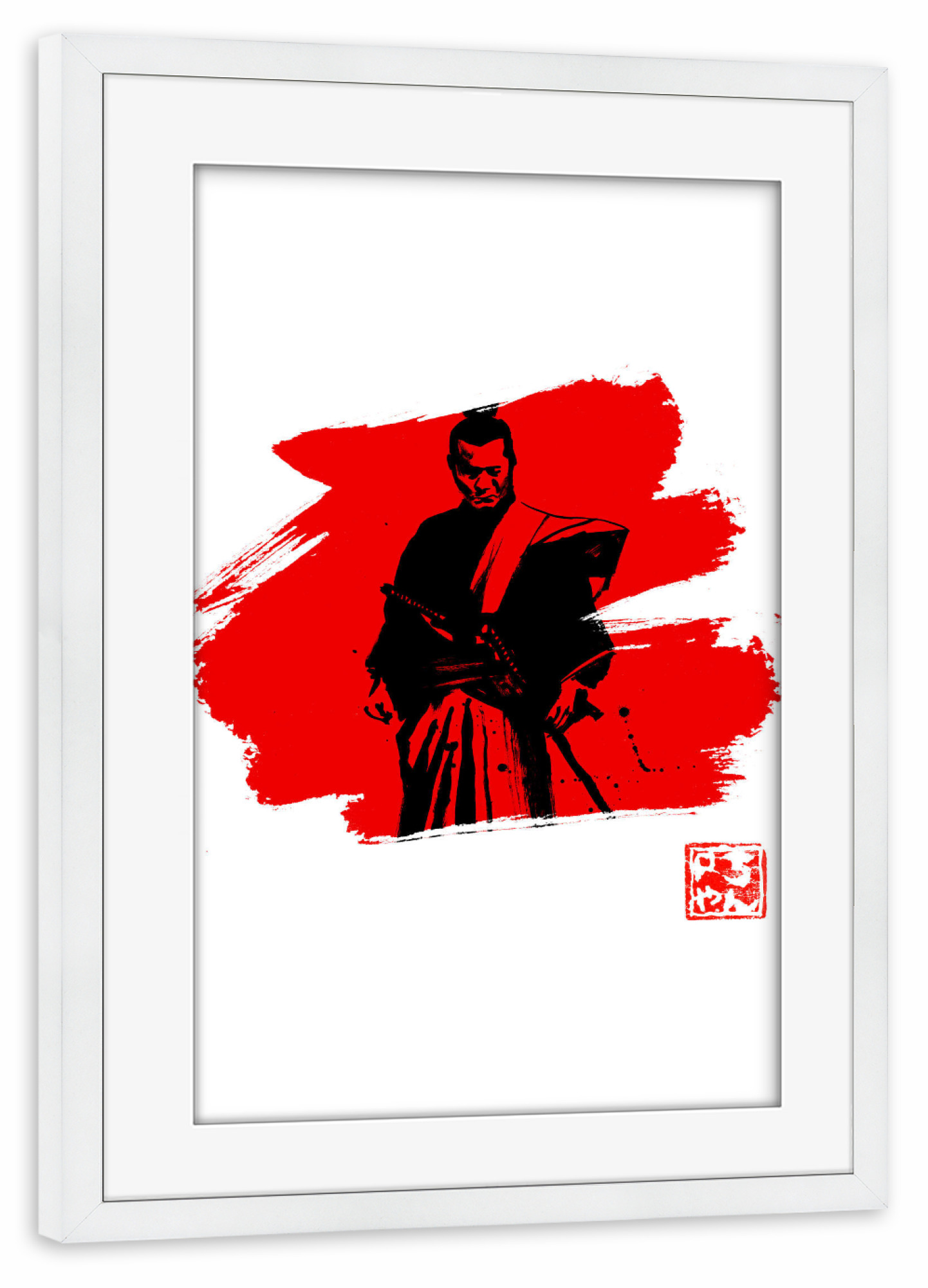 Poster mit Rahmen weiß "Samurai in red" artboxONE - Film,Menschen,Schwarzweiß - Samurai,Japan,Sumie,Zen,Krieger,Warrior,Kampf,Kämpfer,Schwert