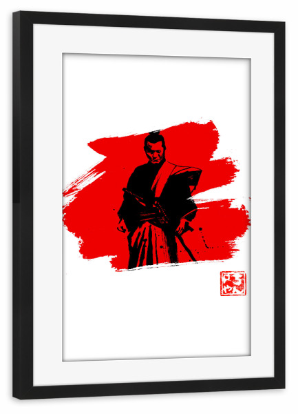 Poster mit Rahmen schwarz "Samurai in red" artboxONE - Film,Menschen,Schwarzweiß - Samurai,Japan,Sumie,Zen,Krieger,Warrior,Kampf,Kämpfer,Schwert