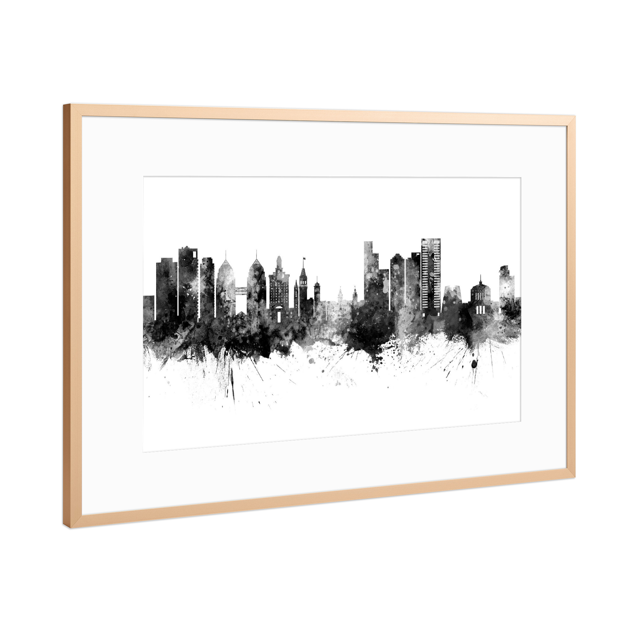 Poster mit Rahmen Kupfer "Oakland California Skyline Black" artboxONE - Städte,Schwarzweiß