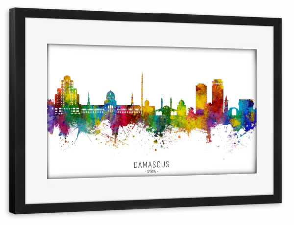 Poster mit Rahmen schwarz "Damascus Syria Skyline txt" artboxONE - Städte