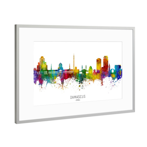 Poster mit Rahmen Silber "Damascus Syria Skyline txt" artboxONE - Städte