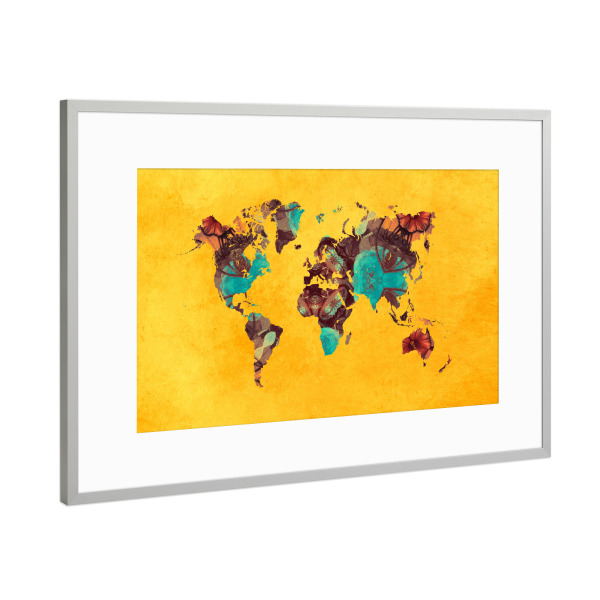 Poster mit Rahmen Silber "World map yellow" artboxONE - Reise,Kartografie