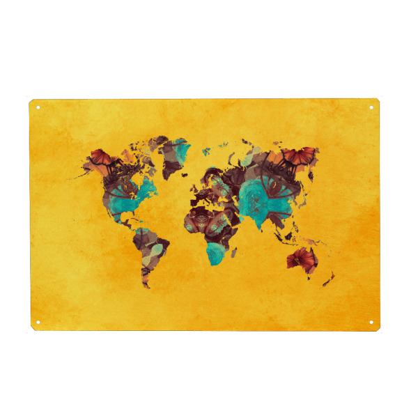 Metall Poster "World map yellow" artboxONE - Reise,Kartografie - World map,Map,World,Maps,Karte,Weltkarte,Worldmap,Atlas,Yellow,Orange,Green,Digital