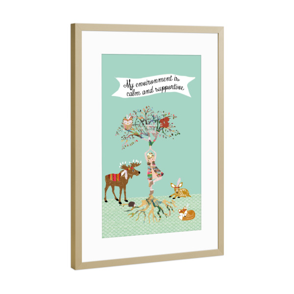 Poster mit Rahmen Gold "Yoga Baum" artboxONE - Typografie,Tiere,Menschen