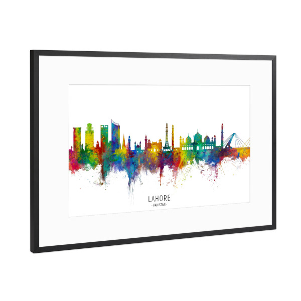 Poster mit Rahmen Schwarz (Metallic) "Lahore Pakistan Skyline txt" artboxONE - Städte