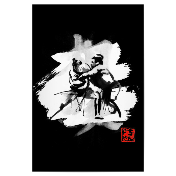 Poster 30x20 cm "Sumotori in white" artboxONE - Menschen,Schwarzweiß - Sumo,Japan,Sumie,Kampf,Sport,Kampfsport,Kämpfer,Ringen,Ringer