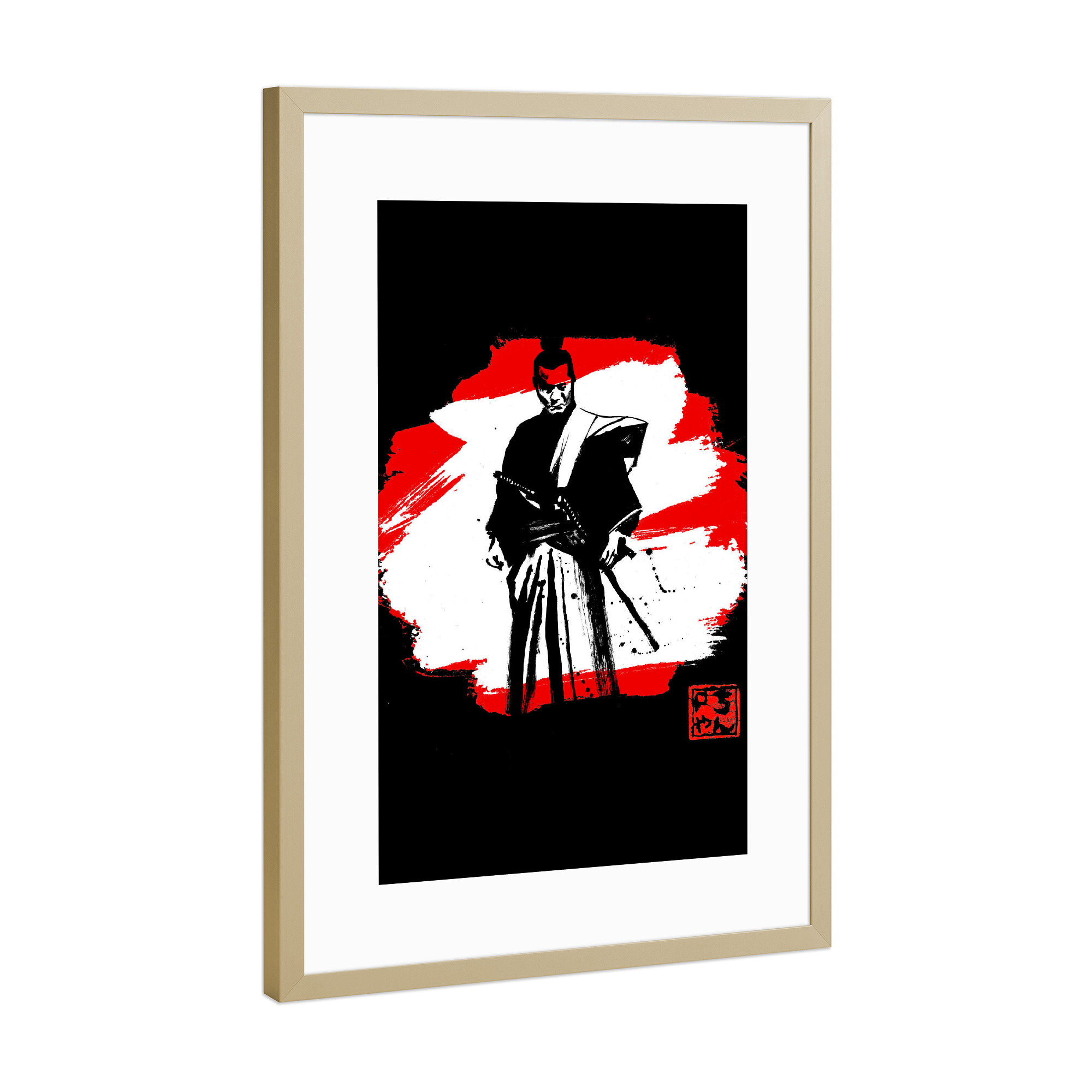 Poster mit Rahmen Gold "Samurai in black" artboxONE - Film,Menschen,Schwarzweiß - Samurai,Japan,Sumie,Krieger,Warrior,Schwert,Kampfkunst,Kämpfer